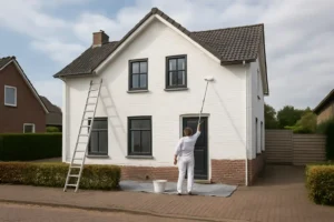 Een persoon in witte kleren verft de buitenmuur van een wit huis met een roller op een paal. Een ladder leunt tegen het huis en een emmer staat op een zeil eronder. De lucht is gedeeltelijk bewolkt-mag ik mijn huis wit schilderen?.