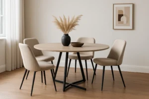 Een moderne eethoek met een ronde houten tafel, vier beige gestoffeerde stoelen-met deze tips combineer je beige prachtig-plus een zwarte vaas met pampagras, een houten schaal, neutrale muren, abstracte kunst en witte gordijnen.