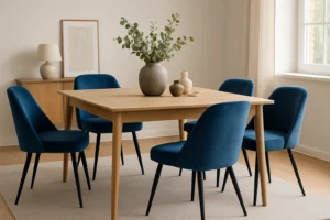 Een moderne eetkamer met een lichte houten tafel, vijf blauw gestoffeerde stoelen-met deze tips combineer je blauwe tinten stijlvol-plus een vaas met groen als middelpunt. Zacht natuurlijk licht, een minimalistische inrichting, een dressoir en ingelijste kunstwerken maken de look compleet.