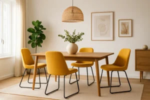 Een moderne eetkamer met een houten tafel, vier gele stoelen en een middenstuk van potplanten. Met deze tips combineer je minimalistische wandkunst, een gevlochten hanglamp en veel natuurlijk licht voor een frisse, stijlvolle sfeer.