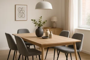 Een moderne eetkamer met een lichte houten tafel, zes grijze stoelen-met deze tips combineer je grijze accenten moeiteloos-minimalistische vazen en schaal, een hanglamp, abstracte kunst aan de muur en natuurlijk licht door vitrage.
