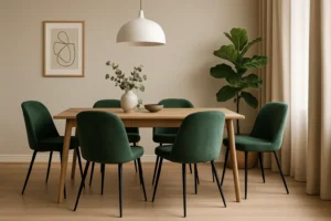 Minimalistische eetkamer met een blonde houten tafel, zes groene fluwelen stoelen, een witte hanglamp en abstracte muurkunst. Met deze tips combineer je eenvoud met comfort voor een moderne en gezellige sfeer.