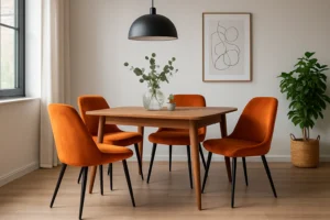Een moderne eetkamer met een houten tafel, vier oranje stoelen-hoe kies je de juiste oranje eetkamerstoelen-zwarte hanglamp, vaas met groen, abstracte muurkunst, potplant en een groot raam met witte gordijnen.