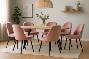 Een moderne eetkamer met deze tips combineer je een houten ovalen tafel met zes roze gestoffeerde stoelen, een vaas met bloemen, een geweven hanglamp, wandkunst, kamerplanten en minimalistische decoratie op een zwevende plank.