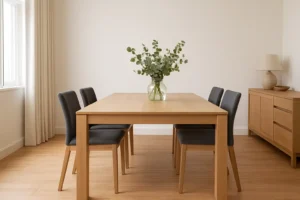 Een minimalistische eetkamer met een lichte houten tafel - wat de vraag oproept of de eettafel dezelfde kleur moet hebben als de vloer - vier donkergrijze stoelen, een glazen vaas met groen gebladerte en een dressoir met decor bij de witte gordijnen van het raam.