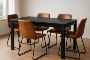 Een moderne eethoek met een zwarte rechthoekige tafel omringd door zes bruine leren stoelen - perfect voor wie zich afvraagt: passen bruine stoelen bij een zwarte tafel? De stijlvolle set staat op een lichte houten vloer bij een raam.