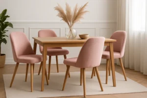 Een stijlvol en stevig houten eettafel met vier roze gestoffeerde stoelen staat op een licht vloerkleed. Op tafel staat een glazen vaas met pampasgras en een kleine schaal. In de hoek staat een plant, terwijl zacht licht door witte gordijnen stroomt.