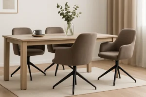 Een moderne eetkamer met een lichte houten tafel, taupe eetkamerstoelen draaibaar met zwarte metalen poten, een licht vloerkleed, een vaas met groen en neutraal gekleurde muren met beige gordijnen.