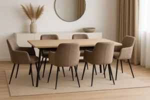 Een stijlvol ingerichte eetkamer met een rechthoekige houten tafel, zes stevige taupe gestoffeerde stoelen met zwarte poten, een beige vloerkleed, ronde spiegel, vaas met pampagras en een schaal op een wit dressoir. Crèmekleurige gordijnen bedekken het raam.