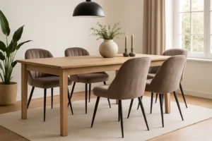 Een moderne eetkamer met een houten tafel, zes taupe eetkamerstoelen fluweel, een vaas met groen, twee kaarsen, een zwarte hanglamp, een groot raam, beige gordijnen en een plant in pot op een licht vloerkleed.