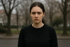 Een vrouw met donker haar naar achteren getrokken, zwart dragend - wat volgens sommigen negativiteit aantrekt - kijkt ernstig en licht overstuur terwijl ze buiten staat op een bewolkte dag, met kale bomen en een wazig park op de achtergrond.