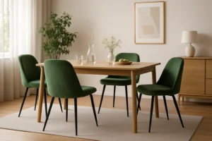 Een moderne eetkamer met een houten tafel, vier groen gestoffeerde stoelen-waar vind je de beste groene eetkamerstoelen?- plus een karaf en glazen, een fruitschaal, licht decor, een potplant en ingelijste kunst aan de muur.