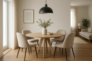 Een eettafel met beige eetkamerstoelen en een vaas met bloemen creëren een warme sfeer in de ruimte.