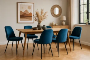 Een moderne eetkamer met een houten tafel, zes blauwe eetkamerstoelen (waarom blauwe eetkamerstoelen? Ze brengen kleur en roest), gedroogd pampasgras in een vaas, een dressoir, een lamp, ronde spiegel, kunst en veel natuurlijk licht.