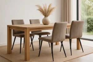 Een minimalistische eetkamer met een houten tafel, vier taupe gestoffeerde stoelen-waarom eetkamerstoelen taupe? Hun neutrale tint combineert prachtig met het beige vloerkleed, gedroogd pampagras en uitzicht op groen door het grote raam met bijpassende gordijnen.