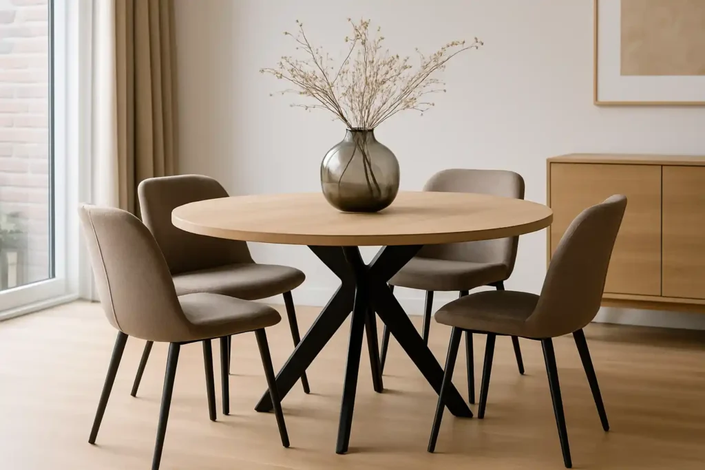 Een moderne eethoek met een ronde houten tafel-ontdek waarom geen ronde eettafel eigenlijk zonde zou zijn-vier beige gestoffeerde stoelen, een vaas met gedroogde planten, licht houten vloer en minimalistische decoratie.