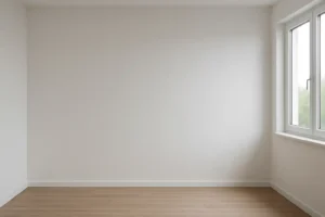 Een lege kamer met witte muren - waarvan je je afvraagt: waarom geen witte muren? - een houten vloer en een groot raam aan de rechterkant dat natuurlijk licht binnenlaat.