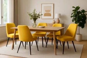 Een moderne eetkamer met een houten tafel, zes felgele stoelen - waarom gele eetkamerstoelen? Ze brengen energie! Plus een vaas met groen, minimalistische ingelijste kunst, een lamp en een potplant op een licht kleed.