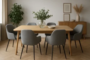 Een moderne eetkamer met een houten tafel, zes grijs gestoffeerde stoelen - perfect voor wie zich afvraagt "waarom grijze eetkamerstoelen" - een glazen vaas met groene takken, een witte schaal en een minimalistische inrichting met ingelijste kunst en planten.