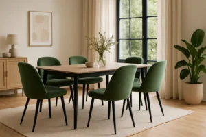 Een moderne eetkamer met een houten tafel, zes groen gestoffeerde stoelen -waarom groene eetkamerstoelen? Ze voegen frisheid toe, plus een vaas met gebladerte als middenstuk, een groot raam met crèmekleurige gordijnen, abstracte muurkunst en een potplant in de hoek.