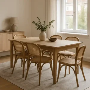 Een minimale eetkamer met een houten tafel, zes rieten stoelen en een vaas met groene takken. Op een dressoir staan een lamp en decor, terwijl een groot raam natuurlijk licht binnenlaat en laat zien waarom kleed onder eettafel sfeer en comfort toevoegt.