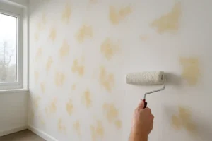 Iemand brengt met een verfroller witte verf aan op een muur met gelige vlekken bij een raam en vraagt zich waarschijnlijk af: "Waarom krijg ik gele vlekken door het schilderen?" terwijl ze de gerepareerde plekken bedekken.