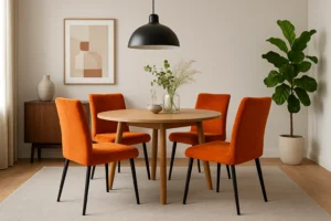 Een moderne eetkamer met een ronde houten tafel, vier oranje gestoffeerde stoelen - perfect als je je afvraagt "hoe kies je de juiste oranje eetkamerstoelen" - een zwarte hanglamp, een dressoir, abstracte muurkunst, bloemen in een vaas en een grote potplant op een licht vloerkleed.