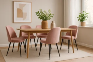 Een moderne eetkamer met een houten tafel, vijf roze fluwelen stoelen, een beige vloerkleed, planten in potten en abstracte muurkunst in een lichte ruimte-Waarom roze eetkamerstoelen? Ze brengen levendigheid in het neutrale interieur.