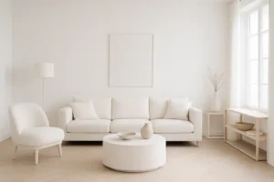 Minimalistische woonkamer met een witte bank, ronde salontafel, accentstoel en staande lamp. Waarom wit interieur? Neutrale tinten en natuurlijk licht creëren een lichte, luchtige sfeer, terwijl decoratieve vazen en gedroogde takken de ruimte accentueren.