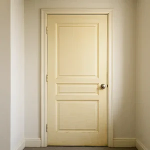 Een gesloten, crèmekleurige houten deur met decoratieve panelen en een zilveren deurknop, in een lichtbeige muur met eenvoudige afwerking - heb je je ooit afgevraagd waarom deuren geel worden in de loop der tijd?.