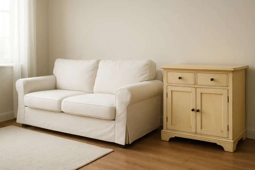Een kleine, crèmekleurige bank staat naast een lichthouten kast met lades en deurtjes in een lichte, minimalistische kamer - een elegant antwoord op Waarom worden witte meubels zo vaak gekozen voor lichte interieurs? Natuurlijk licht stroomt naar binnen door het raam aan de linkerkant.