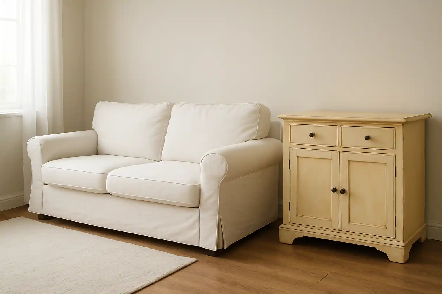 Een kleine, crèmekleurige bank staat naast een lichthouten kast met lades en deurtjes in een lichte, minimalistische kamer - een elegant antwoord op Waarom worden witte meubels zo vaak gekozen voor lichte interieurs? Natuurlijk licht stroomt naar binnen door het raam aan de linkerkant.