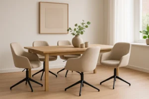 Een minimale eetkamer met een lichthouten tafel, vijf beige bureaustoelen -waarom zijn beige eetkamerstoelen zo populair?- een vaas met groene takken, eenvoudig aardewerk, neutrale abstracte muurkunst en grote ramen die natuurlijk licht binnenlaten.