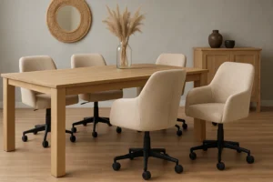 Een moderne eetkamer met een houten tafel, vijf beige gestoffeerde bureaustoelen-waarom zijn beige eetkamerstoelen zo populair?-een vaas met pampagras, een ronde wandspiegel en een lichthouten dressoir. De kamer heeft een neutraal kleurenpalet.