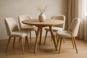 Er omheen staat een ronde houten tafel met vier beige eetkamerstoelen. Een eenvoudige witte vaas met gedroogde bloemen staat op tafel, terwijl een lichte houten vloer en neutrale gordijnen een minimalistische, gezellige sfeer creëren. Waarom zijn beige eetkamerstoelen zo populair?.