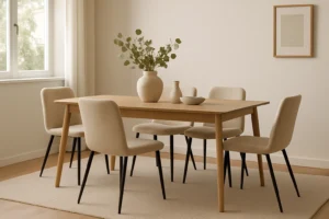 Een minimalistische eetkamer met een houten tafel, vijf beige eetkamerstoelen zonder armleuning, een grote keramische vaas met groen gebladerte, een kleine schaal en een ingelijste foto aan de muur. Licht stroomt naar binnen door een raam met witte gordijnen.