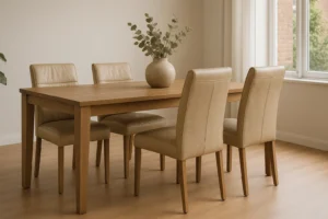 Een houten eettafel met vier beige gestoffeerde stoelen op een lichte houten vloer bij een raam met transparante gordijnen. Een keramische vaas met eucalyptustakken staat in het midden-waarom zijn beige lederen stoelen zo'n populaire keuze voor eetkamers?.