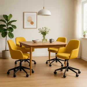Een moderne eethoek met een houten tafel, vier gele draaistoelen-waarom zijn gele eetkamerstoelen zo populair?-een potplant, ingelijste abstracte kunstwerken en een hanglamp. Zonlicht stroomt door het raam op de lichte houten vloer.