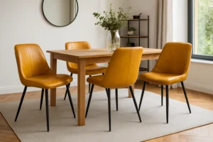 Een moderne eetkamer met een houten tafel en vier gele stoelen op een licht vloerkleed. Waarom zijn gele leren eetkamerstoelen zo populair? Een vaas met groen staat op tafel en op de achtergrond zijn een ronde spiegel en een raam zichtbaar.