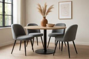 Een moderne eethoek met een ronde houten tafel, vier grijze boucle eetkamerstoelen, een vaas van keramiek met pampagras, een houten schaal, een lichthouten vloer, een groot raam en een ingelijst abstract kunstwerk aan de muur. Waarom zijn grijze eetkamerstoelen zo populair?.