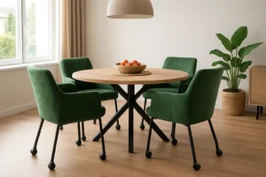 Een ronde houten eettafel met vier groene eetkamerstoelen op wieltjes, een schaal sinaasappels in het midden, in een lichte, moderne kamer met houten vloeren, een plant in potten en een groot raam.
