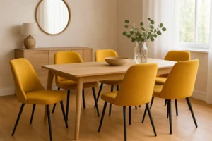 Eetkamer met een houten tafel en zes mosterdgele eetkamerstoelen rondom.