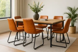 Een moderne eetkamer met een houten tafel, zes bruine leren stoelen - perfect voor wie zich afvraagt "hoe kies je de juiste oranje eetkamerstoelen" - een vaas met groene planten, twee boeken, een potplant in de hoek en een groot raam dat de kamer overspoelt met licht.