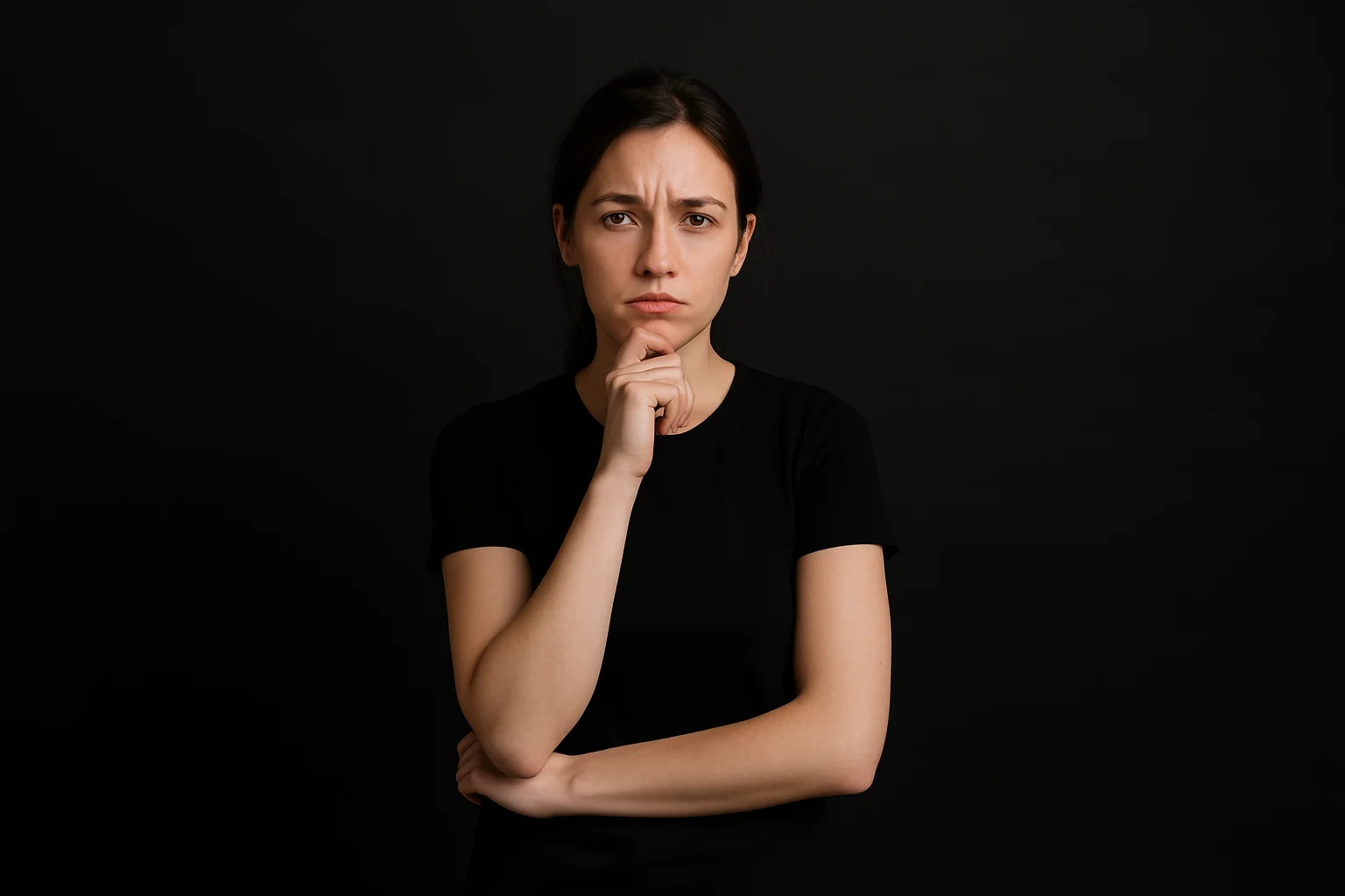 Een jonge vrouw in een zwart shirt staat tegen een zwarte achtergrond, haar bedachtzame houding en gefronste voorhoofd nodigen uit tot reflectie - wat doet de kleur zwart met je op dit moment van stille contemplatie?.