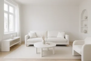 Een minimalistische woonkamer met witte muren, een witte bank, een fauteuil en ingebouwde planken laat zien wat wit doet in je interieur-neutrale inrichting en zacht natuurlijk licht creëren een rustige, luchtige sfeer.