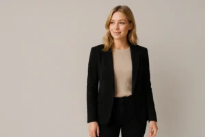 Een vrouw met schouderlang blond haar staat tegen een effen lichte achtergrond, draagt een zwarte blazer - perfect voor wie zich afvraagt "wat draag je op zwart"- in combinatie met een beige topje en zwarte broek, en kijkt een beetje opzij met een neutrale uitdrukking.