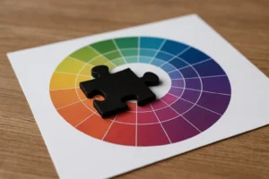 Een zwart puzzelstuk rust bovenop een gedrukte kleurencirkel met segmenten in verschillende kleuren, wat de vraag oproept: Wat is de betekenis van zwart op dit kleurrijke spectrum bovenop een houten oppervlak?.