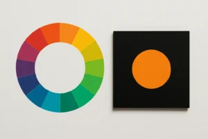 Een kleurrijk twaalfdelig kleurenwiel zit naast een zwart vierkant met een fel oranje cirkel in het midden, op een witte achtergrond-een levendige weergave die de vraag oproept: Wat is de complementaire kleur van zwart?.