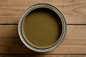 Een open blik gevuld met olijfgroene verf staat op een houten oppervlak, van bovenaf gezien. De verf lijkt glad en glanzend; sommigen zeggen dat het lijkt op "wat is de lelijkste kleur ter wereld," maar toch steekt het af tegen de natuurlijke houtnerfachtergrond.