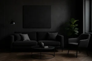 Een moderne woonkamer met donkere muren en meubels, waaronder een zwarte bank die de psychologie van de kleur zwart weerspiegelt (Wat is de psychologie van de kleur zwart), fauteuil, ronde salontafel, potplant en een leeg canvas. Zachte verlichting creëert een stemmige, minimalistische sfeer.